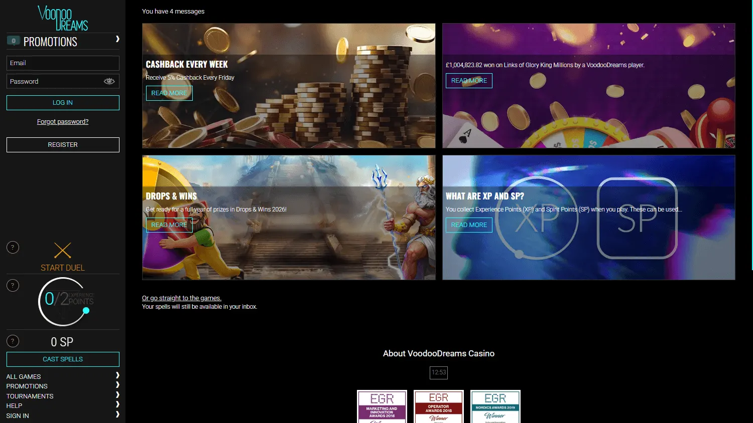 Voodoo Casino desktop promotions view with welcome offer and cashback information