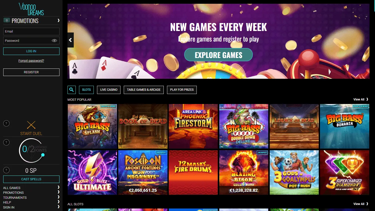 Voodoo Casino desktop home view with casino games and promotional features